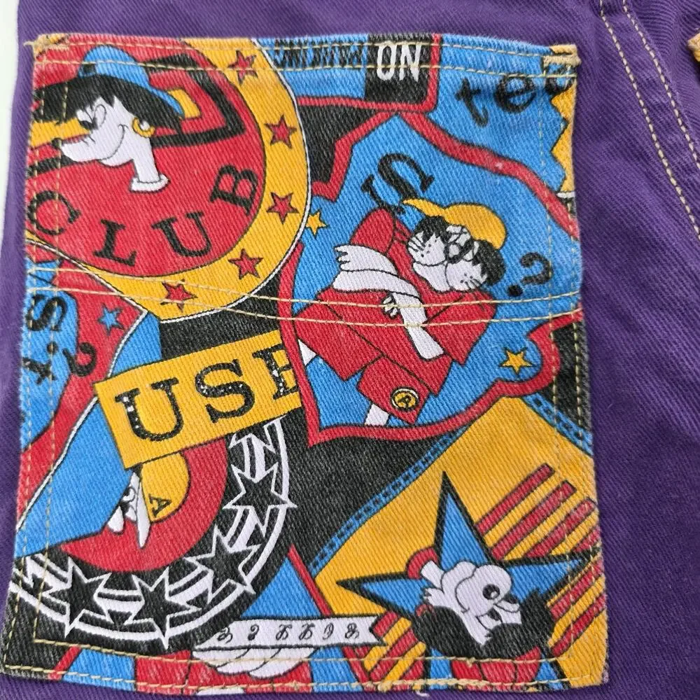 Vintage 90s Hard Core Purple Denim Jeans Cartoon Graphic Pockets 27x28 Y2K Retro